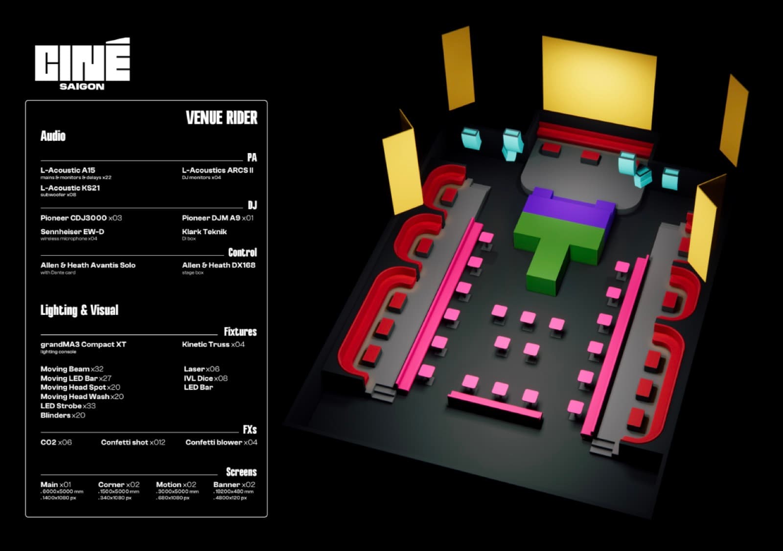 Ciné Saigon Club venue rider showing production equipment and room layout