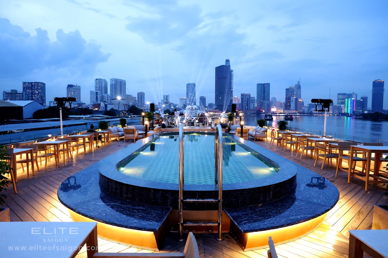 Elite of Saigon Sun Deck pool detail at dusk