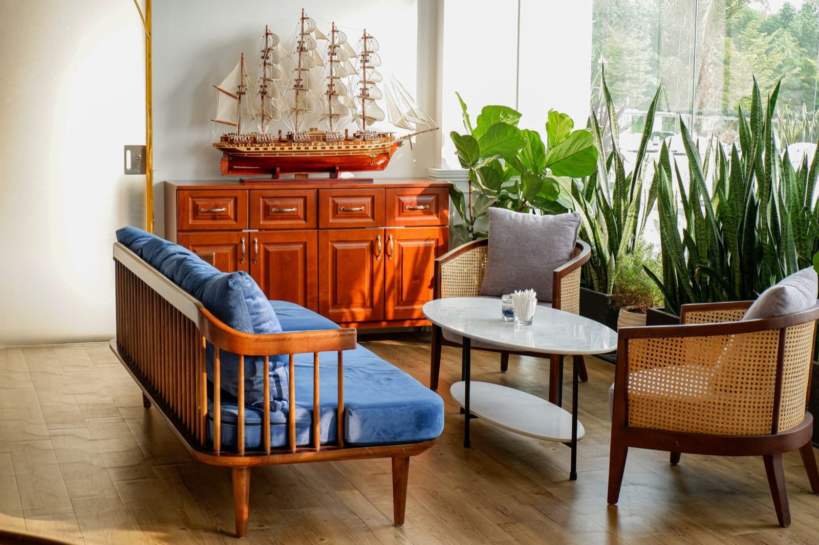 Bistro lounge seating at Saigon South Marina Club with nautical decor