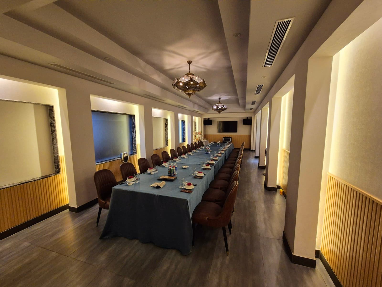 Private dining room for official gatherings arranged with one long table