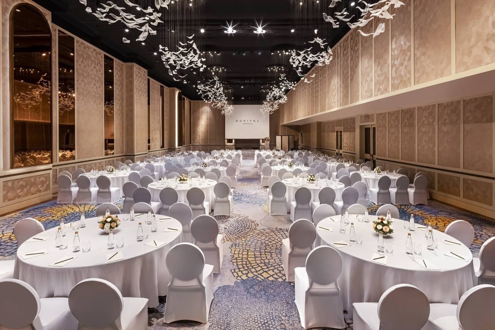 Diamond Hall ballroom set classroom-style with round tables, Sofitel Saigon Plaza