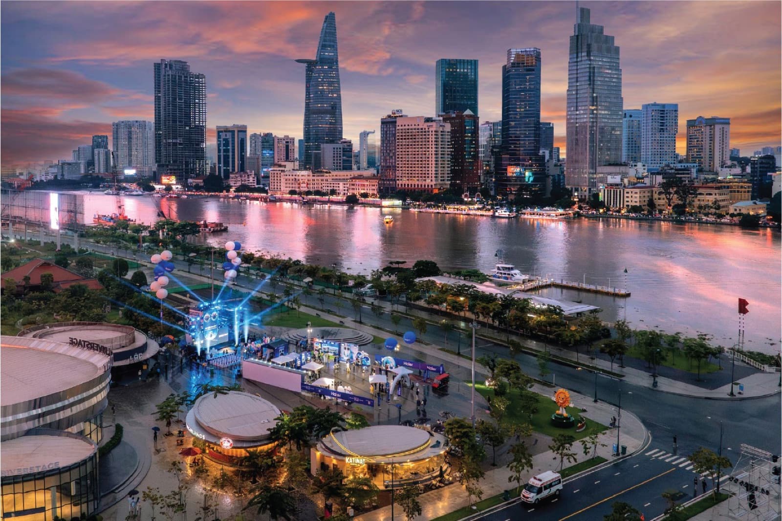 Aerial view of Thủ Thiêm Riverstage on the river bank, with Elip Yard on the site.